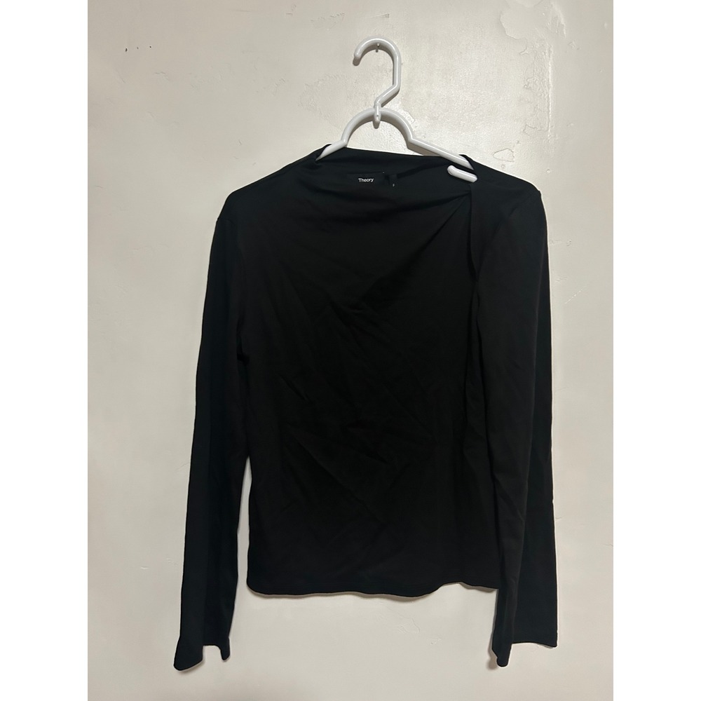 Theory Womens Black Long Sleeve Asymmetrical Twist Shoulder Jersey Top Size M